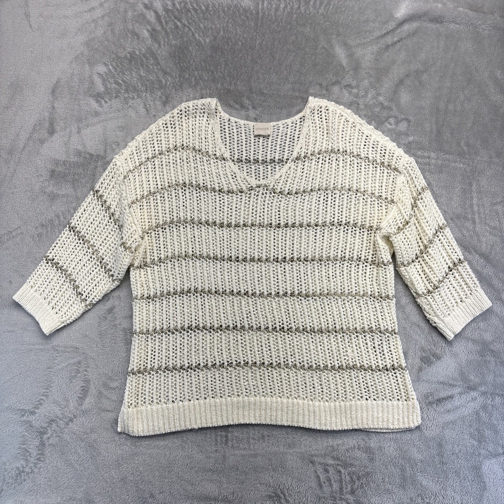 Chicos Sweater Womens Size 3 Cream with Metallic Bands 3/4 Sleeves Crochet